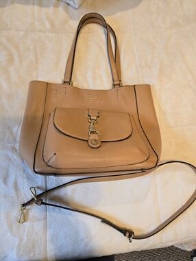 Calvin Klein Tan Pebble Leather Shoulder Bag with Front Flap Pocket